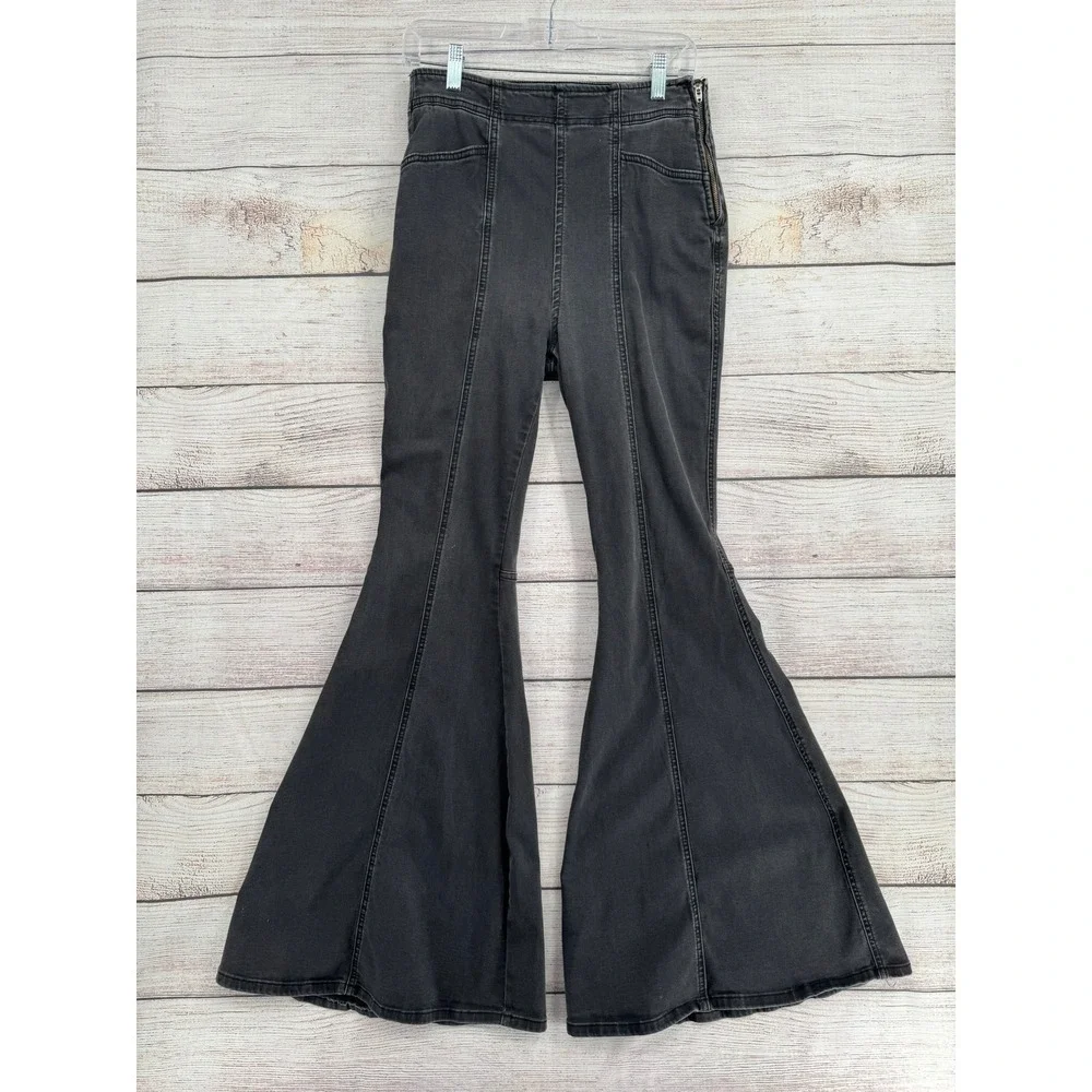 Free People Flare Jeans Women 29 Black Side Zip High Rise Bell Bottom OB988501